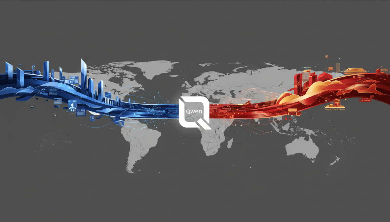 Hero: A futuristic visualization of AI models competing across global tech landscapes with Chinese and American elements