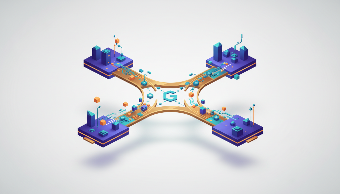 Hero: A digital visualization of blockchain bridges connecting multiple networks with data flowing between them