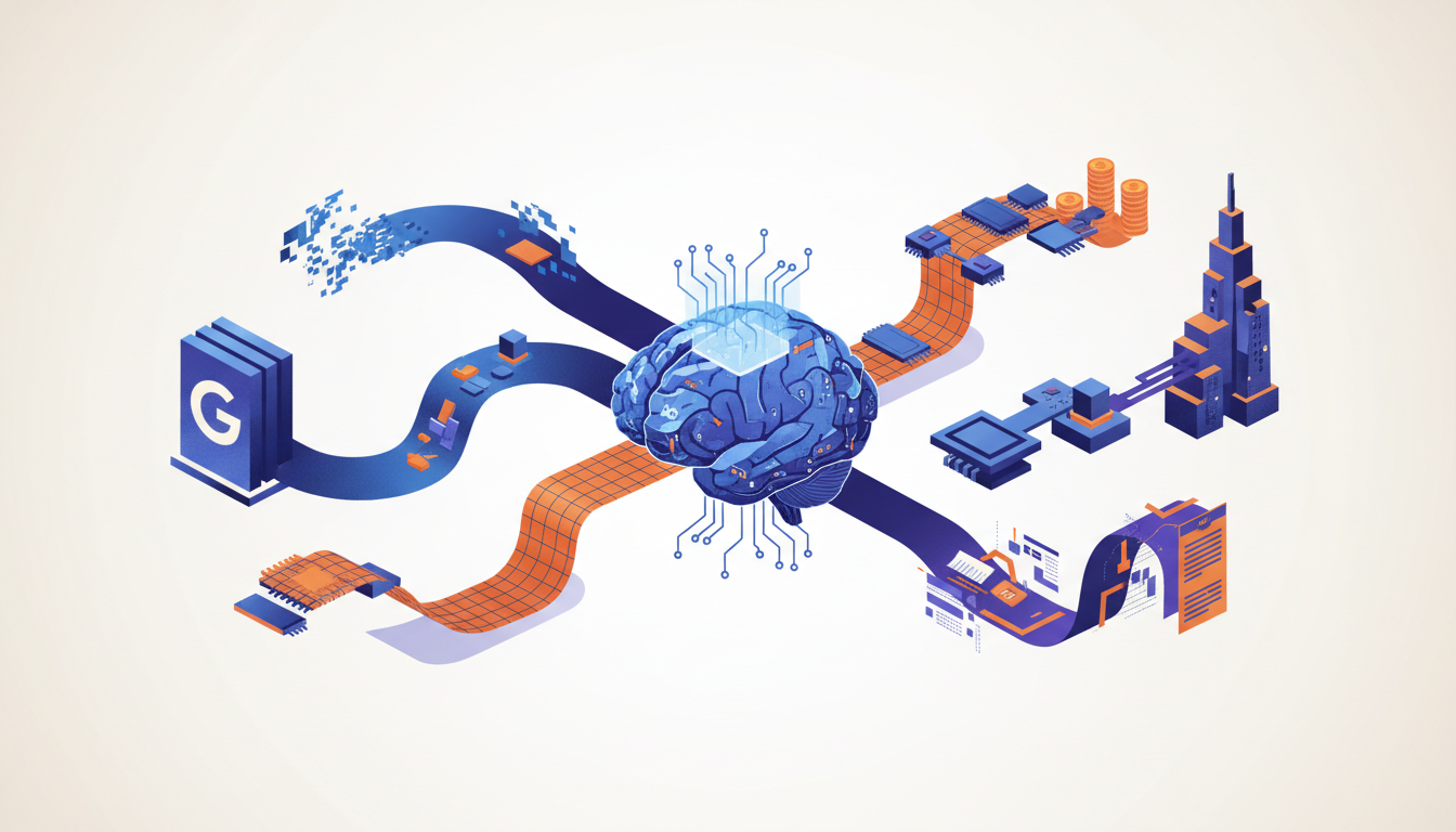 Hero: A digital visualization of massive data center financing flows connecting Google infrastructure to Anthropic AI operations with chip supply chains and Wall Street debt structures