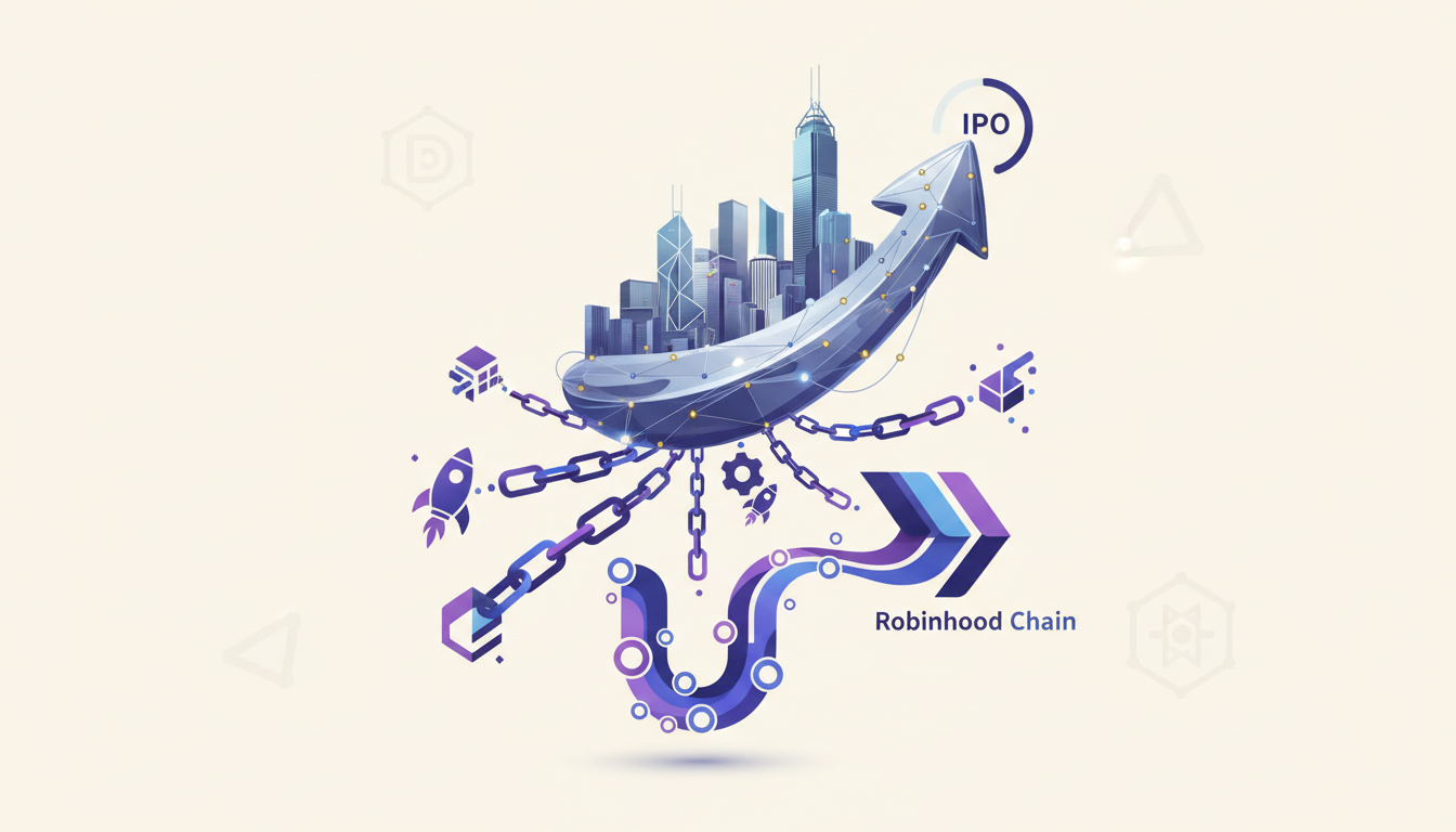 Hero: A 3D visualization of an AI-powered modeling startup expanding toward an IPO in Hong Kong while blockchain launchpad icons connect to Robinhood Chain