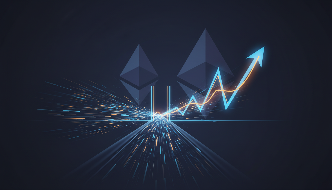 Hero: A futuristic digital illustration of the Solana blockchain network with speeding data slots reducing from 400ms to 200ms, glowing price charts breaking out near $80, and layered Ethereum comparison icons in the background