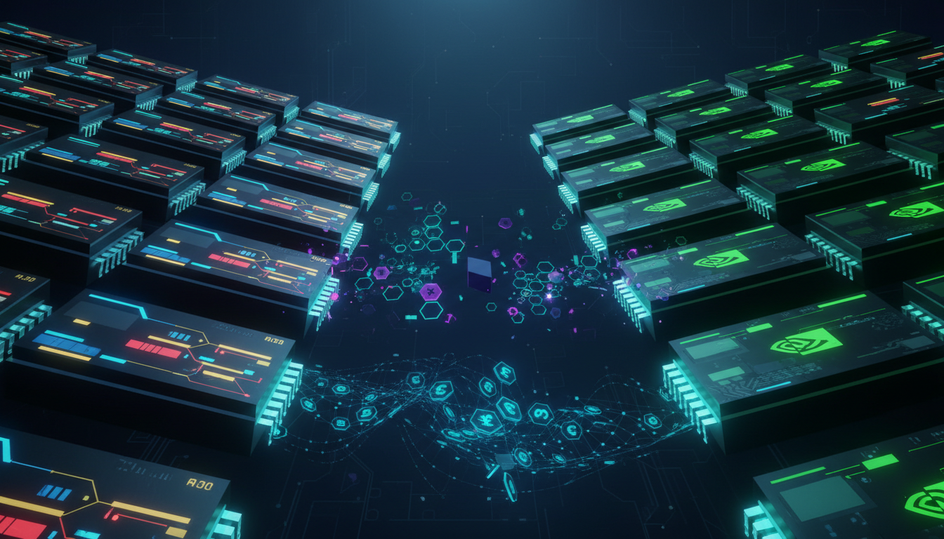 Hero: A futuristic data center with rows of AI chips glowing under Google's branding, facing off against Nvidia logos in a digital battlefield