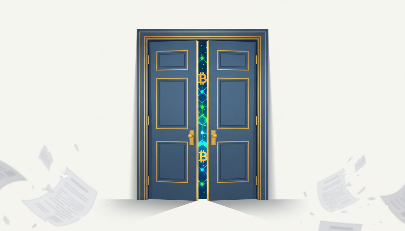 Hero: A digital visualization of the US Senate chamber doors closing on blockchain network nodes and Bitcoin symbols, with fading regulatory documents in the foreground