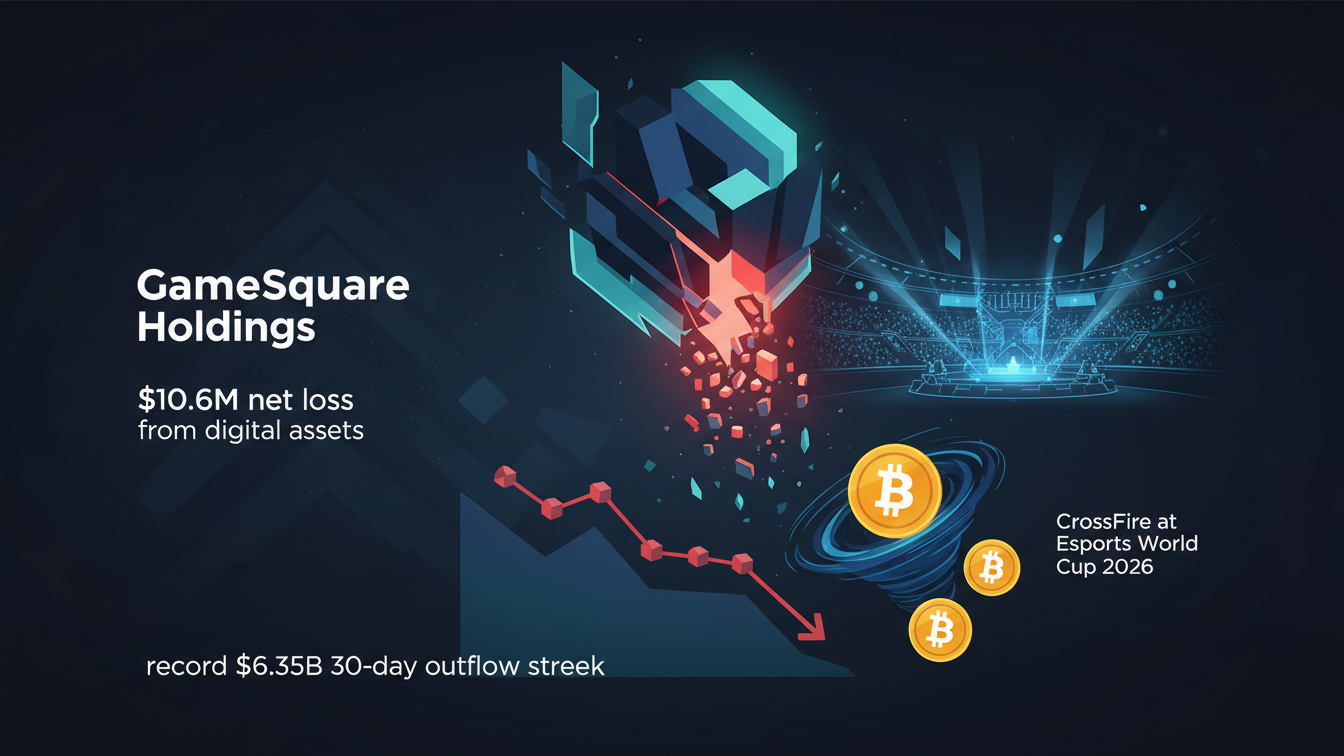 Editorial illustration for GameSquare ETH Losses Signal Caution for Bitcoin ETFs Amid Esports Crypto Boom