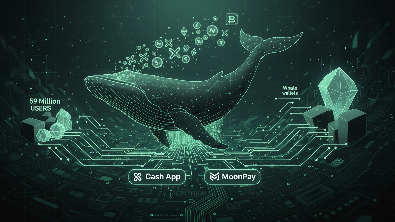 Editorial illustration for Cash App MoonPay Integration Opens ETH SOL XRP to 59M Users Amid XRP Whale Surge