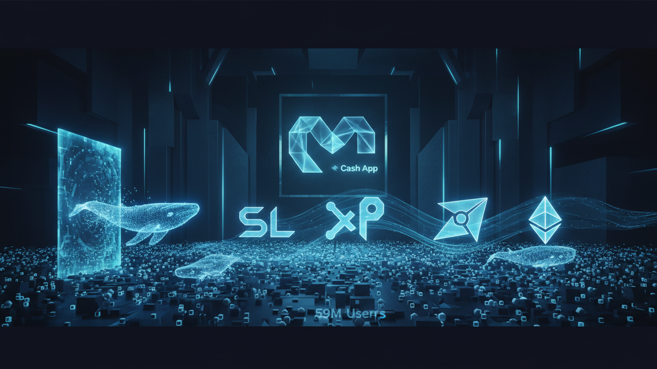 Editorial illustration for Cash App MoonPay Integration Opens ETH SOL XRP to 59M Users Amid XRP Whale Surge