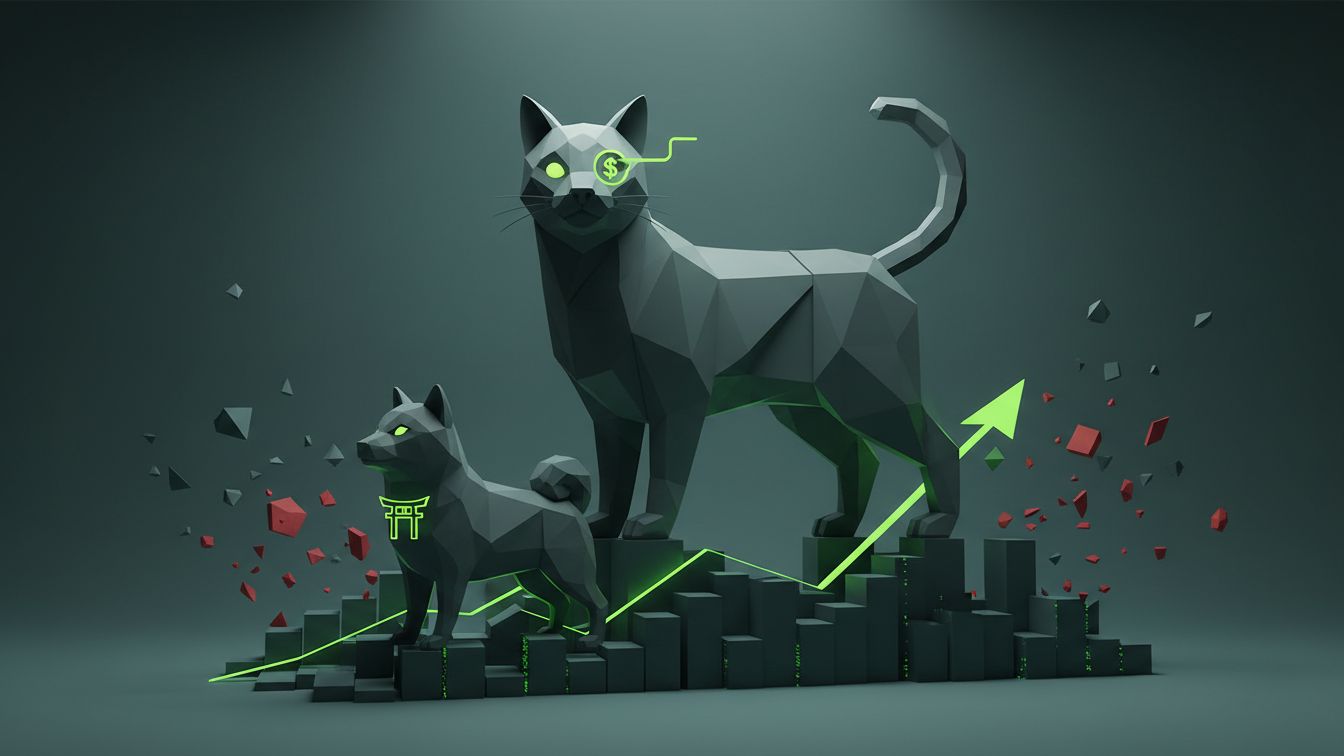 Editorial illustration for Cash Cat Leads Meme Coin Surge as Rally Hits Dog and Cat Tokens in August 2026
