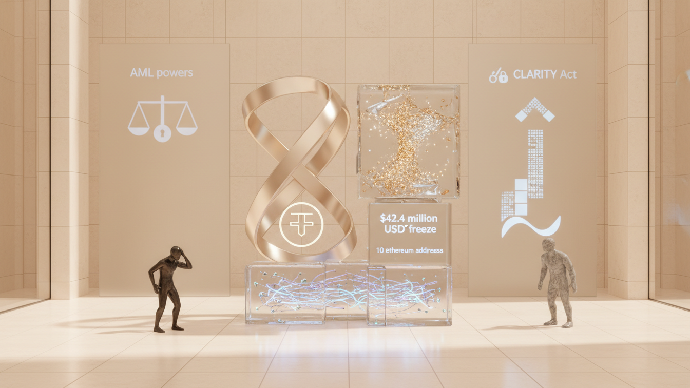 Editorial illustration for Tether Freeze Lawsuit Tests Stablecoin AML Powers as Regulators Eye Clarity Act