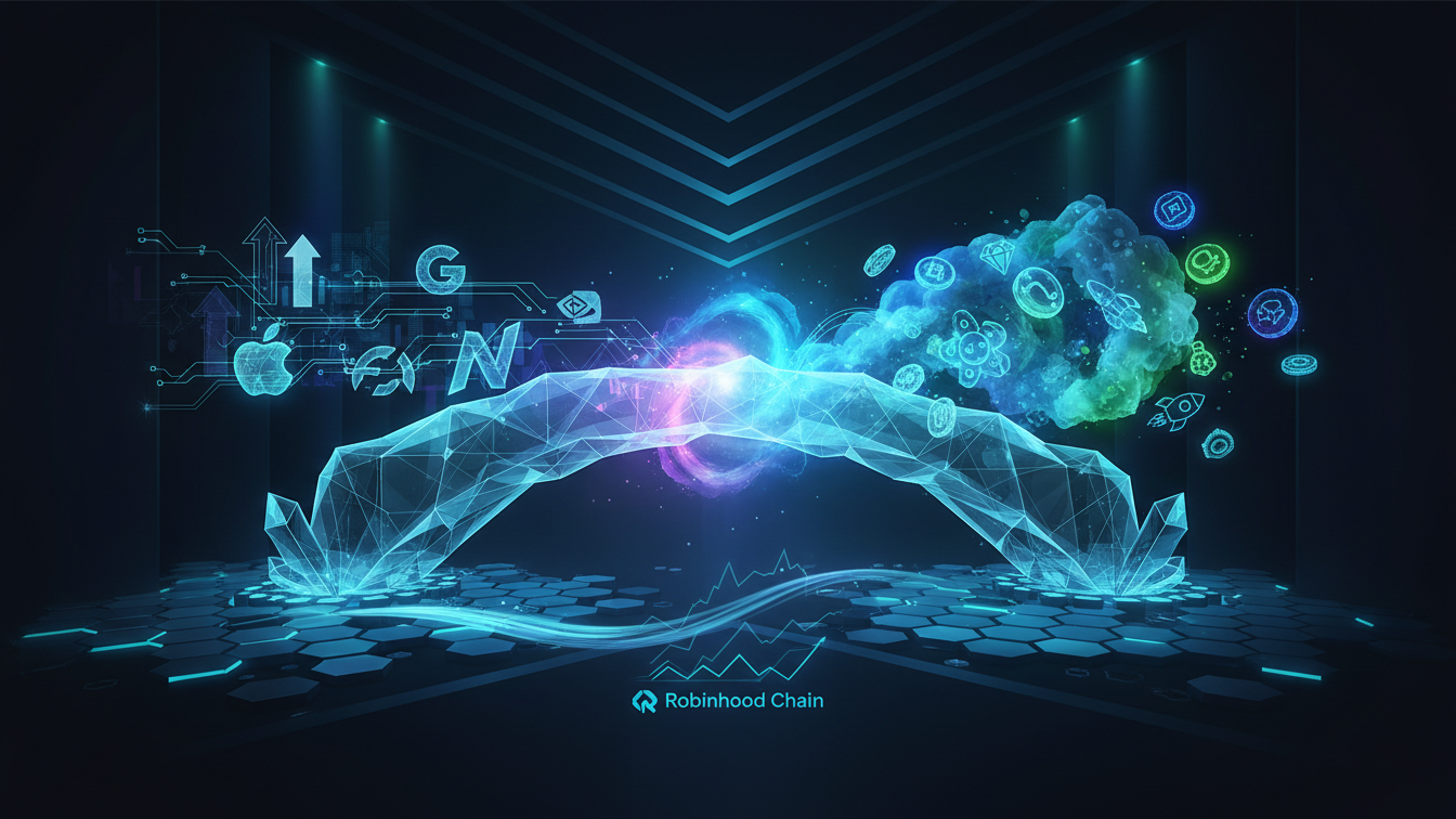 Editorial illustration for Stock-Linked Memecoins Forge New Equity-Crypto Bridge on Robinhood Chain