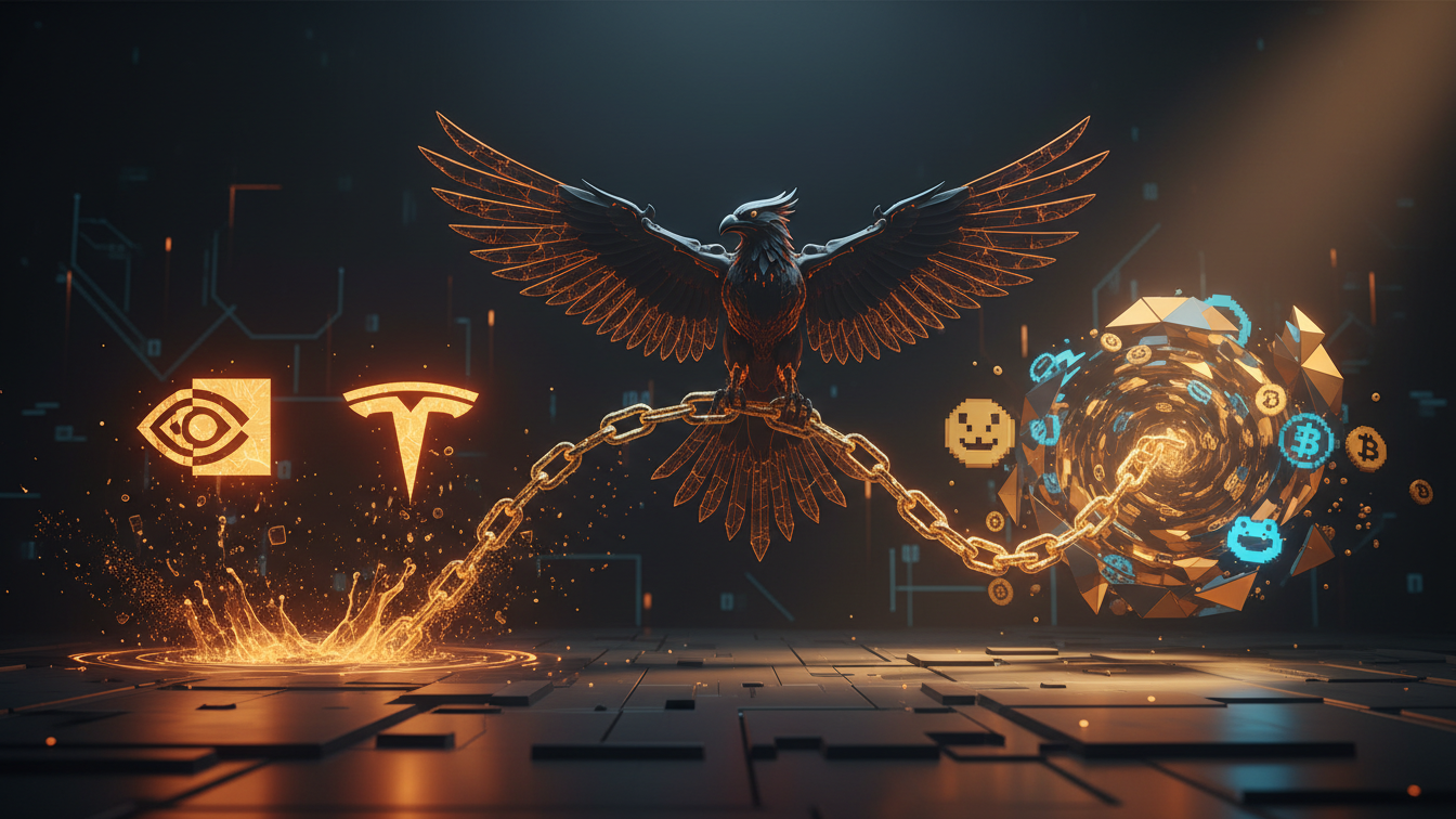 Editorial illustration for Stock-Linked Memecoins Forge New Equity-Crypto Bridge on Robinhood Chain