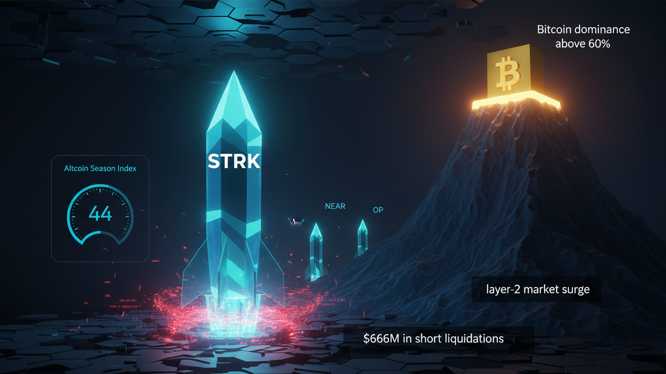 Editorial illustration for STRK Leads Altcoin Breakouts as BTC Tops $84K