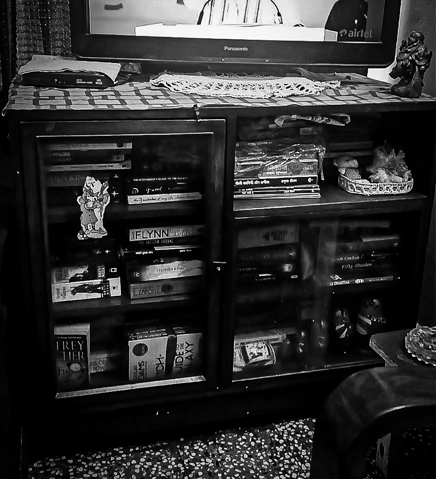 The glass-fronted bookcase under the TV at home in Bhilai, still full of paperbacks
