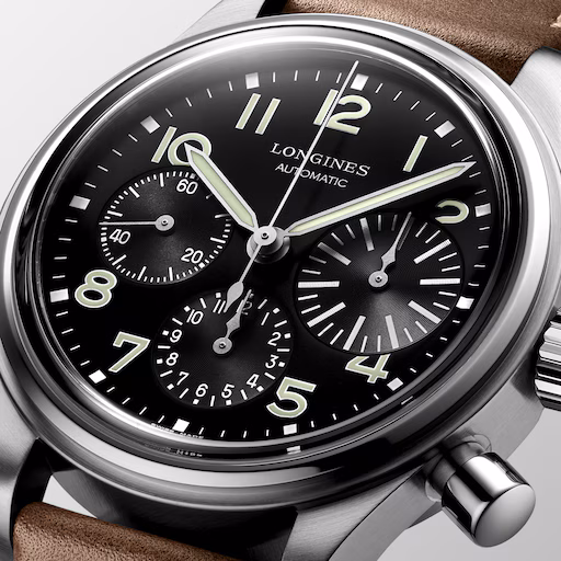 Close-up of the Longines Avigation BigEye black dial, with its oversized 30-minute counter at 3 o'clock