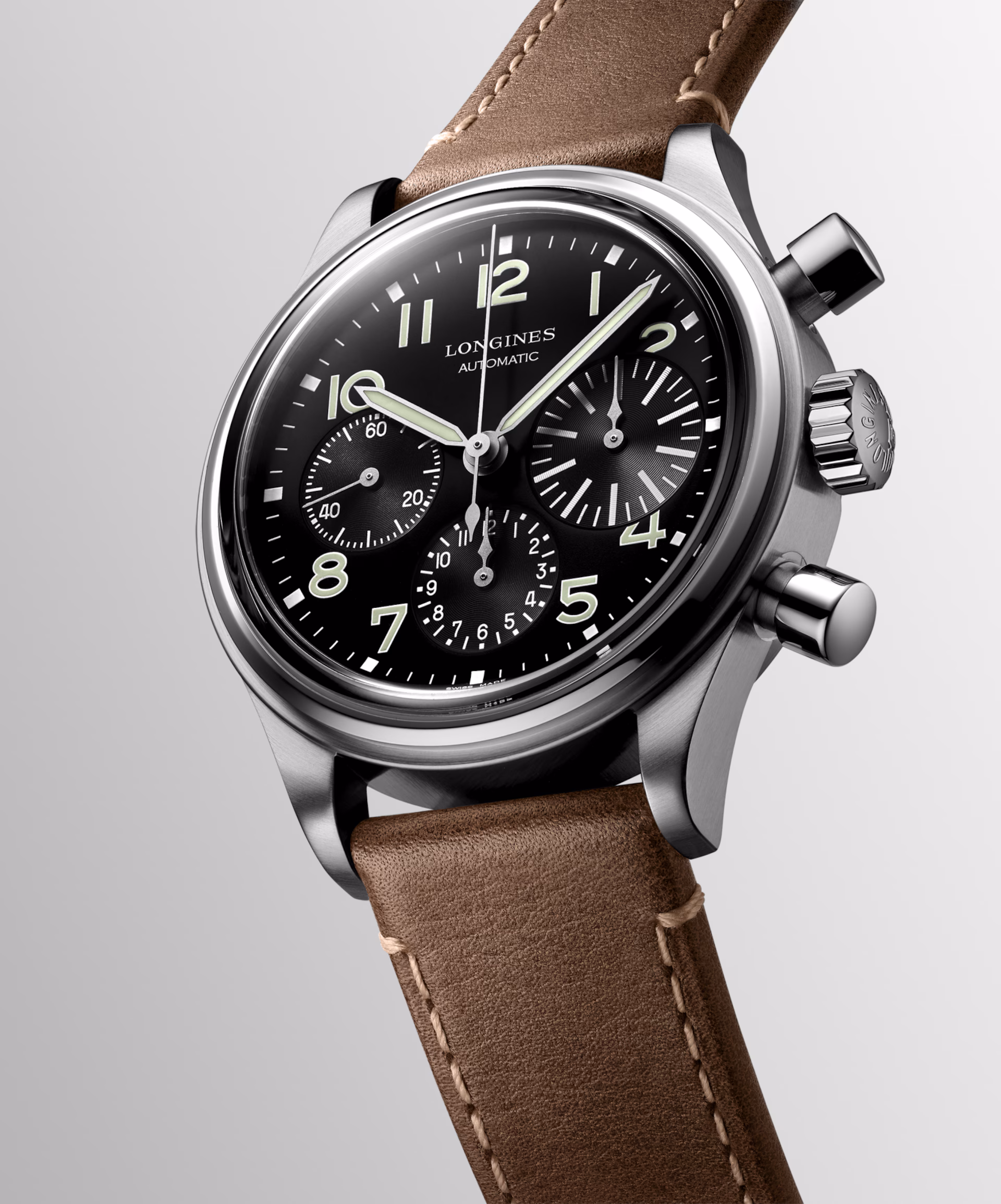 Longines Avigation BigEye in steel with a black dial and brown leather strap