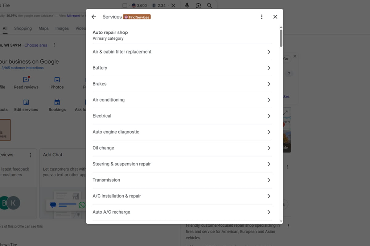 Google Business Profile services menu showing auto repair service categories for local SEO and business optimization.