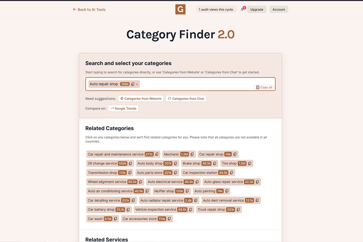 Category Finder tool displaying related Google Business Profile categories for an auto repair shop to improve local SEO.