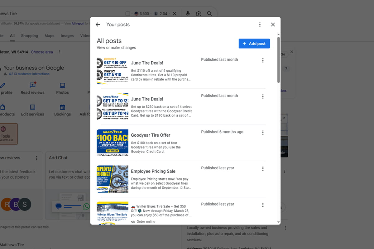 Google Business Profile dashboard displaying published posts and promotions for an auto repair shop to boost local SEO.