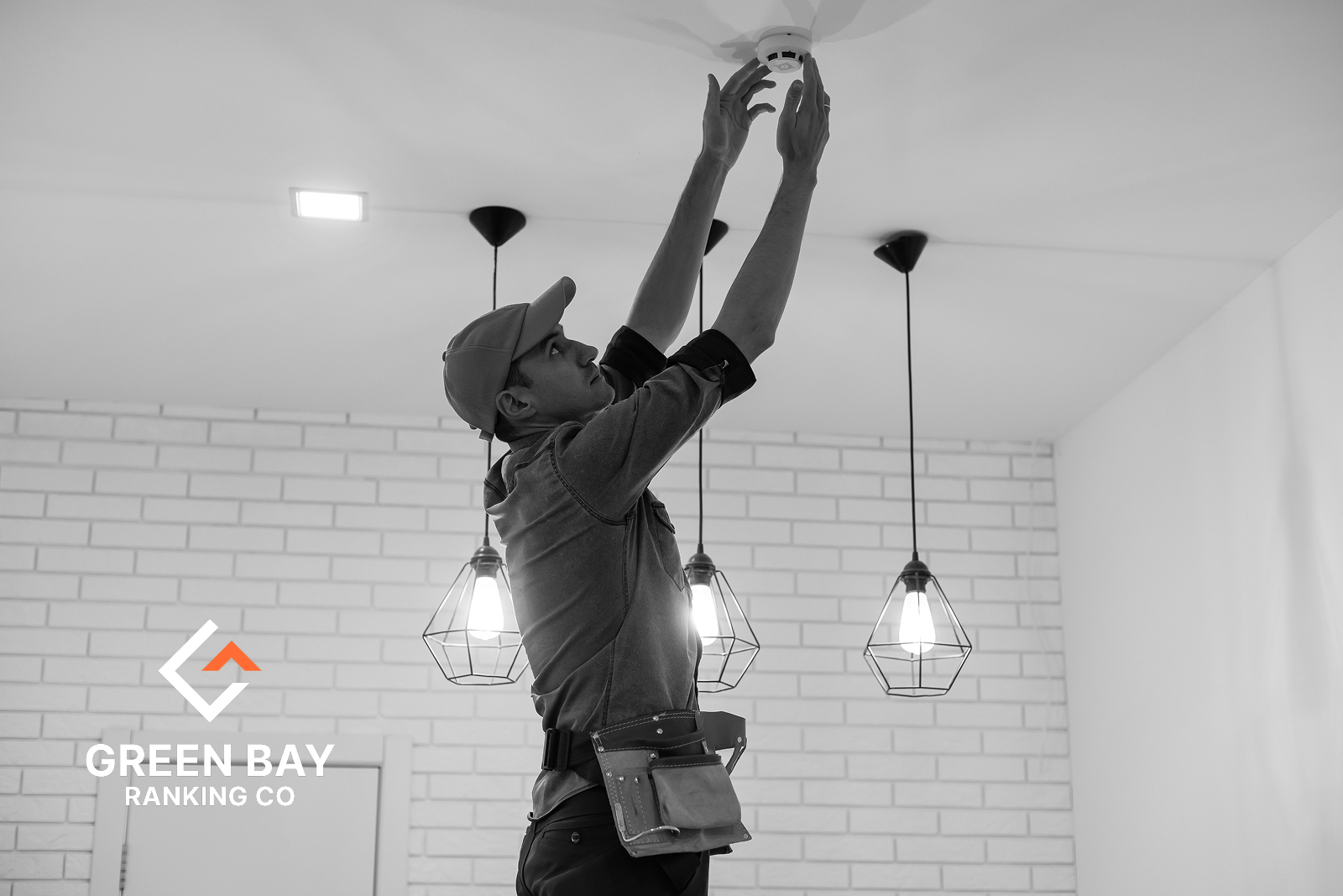 Electrician installing a ceiling fan in a modern home with pendant lighting in Green Bay, WI.