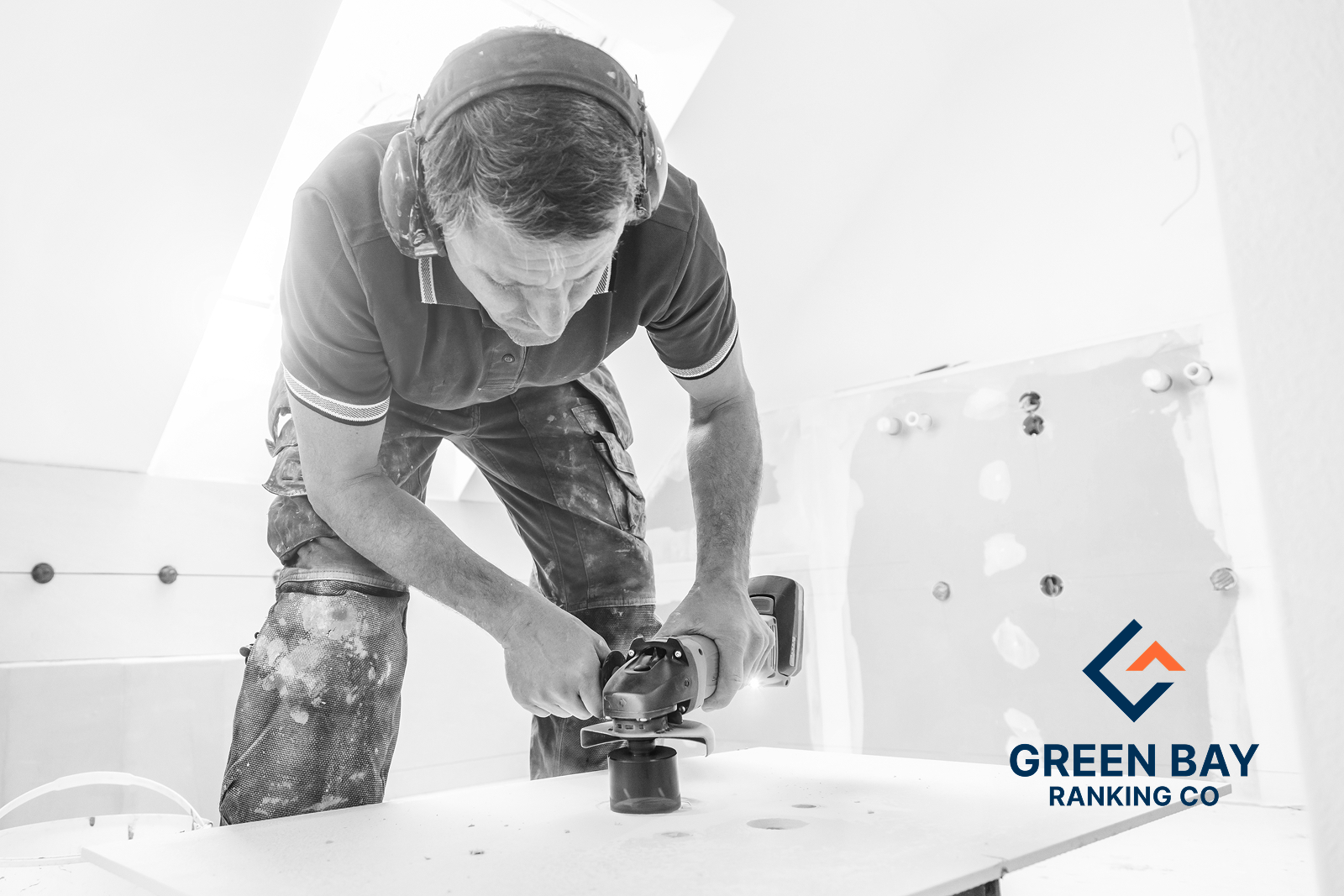 Bathroom remodeling contractor using a power tool to cut a countertop, with Green Bay Ranking Co. branding.