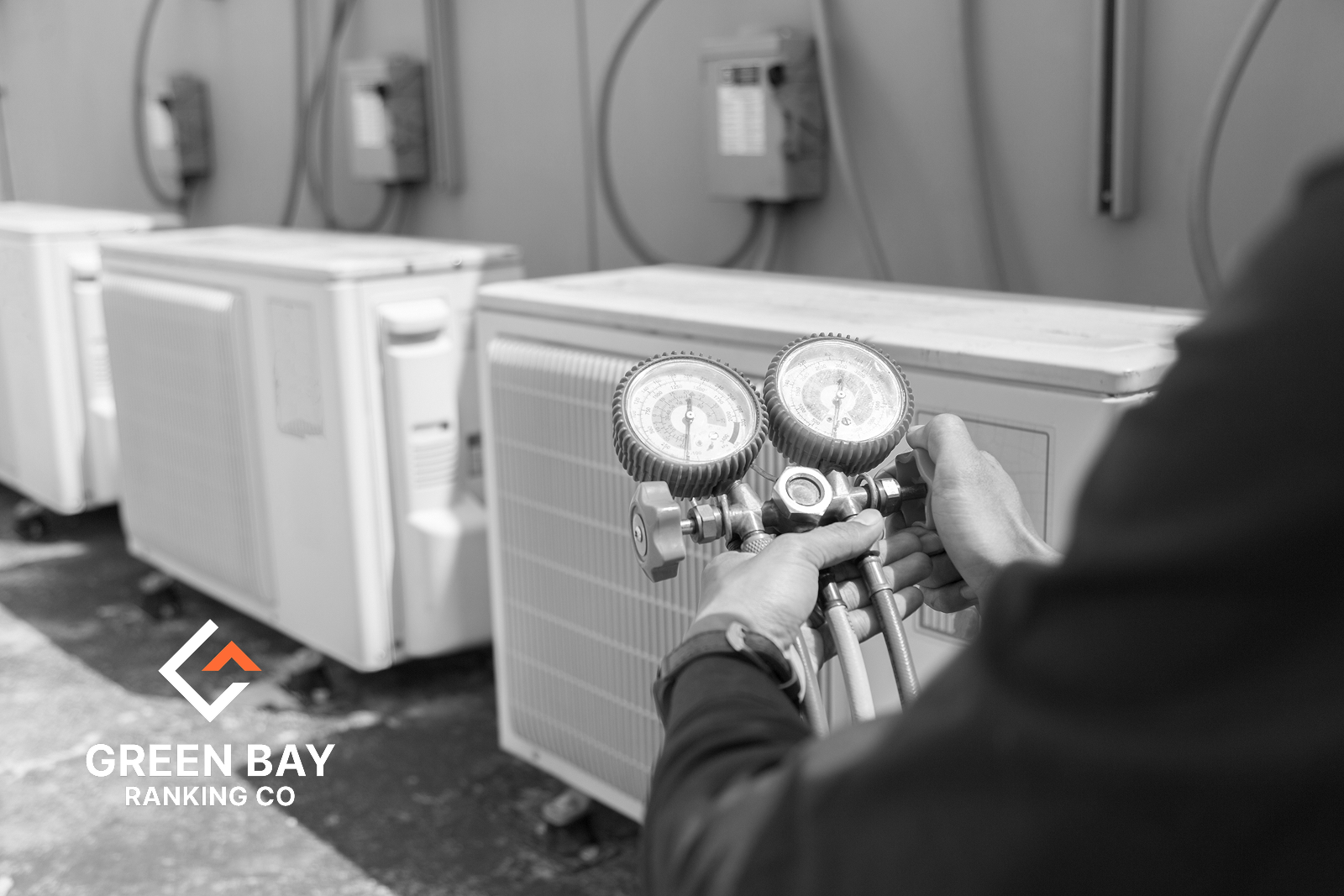 HVAC technician checking refrigerant pressure gauges on outdoor air conditioning units in Green Bay, Wisconsin.