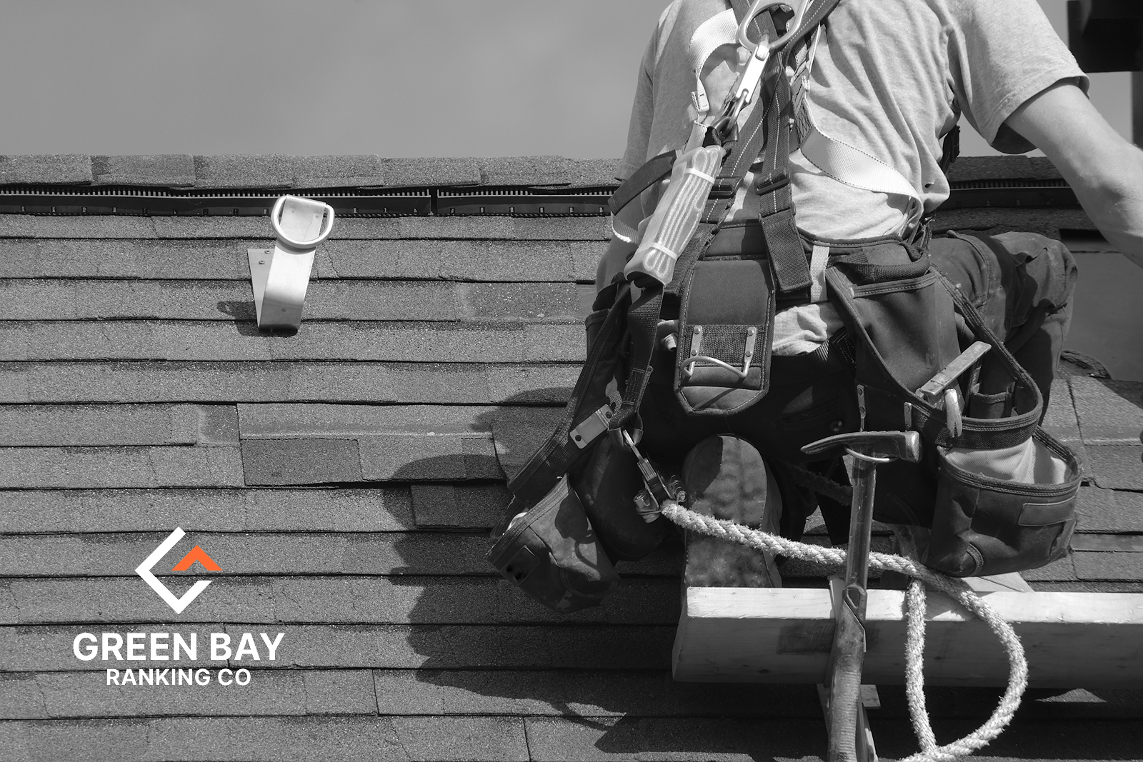 Roofer wearing safety gear while installing asphalt shingles for a roofing company in Green Bay, Wisconsin.