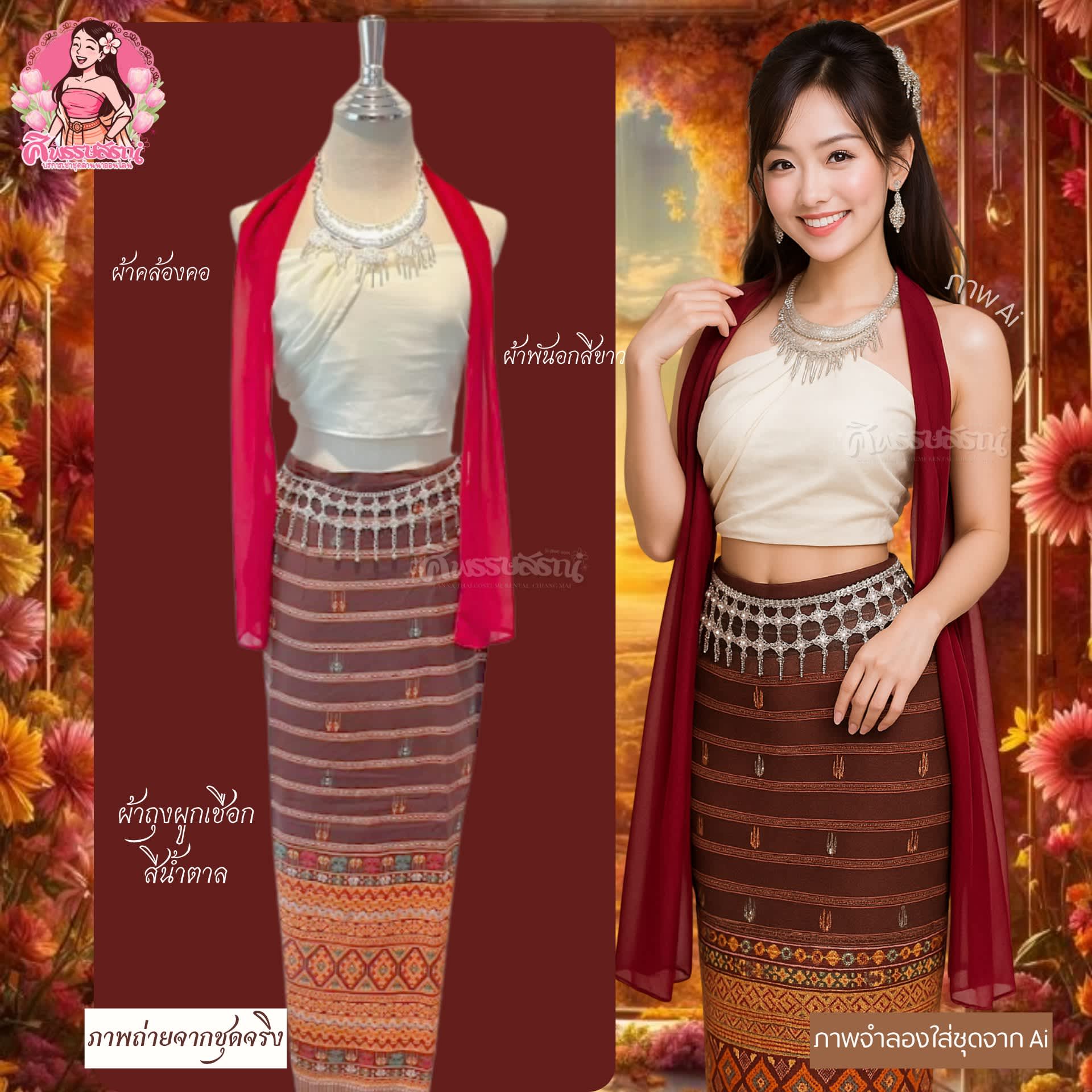 เช่าชุดล้านนาสีแดงเลือดหมู ชุดพื้นเมืองผู้หญิง สีเข้มขับผิว เชียงใหม่