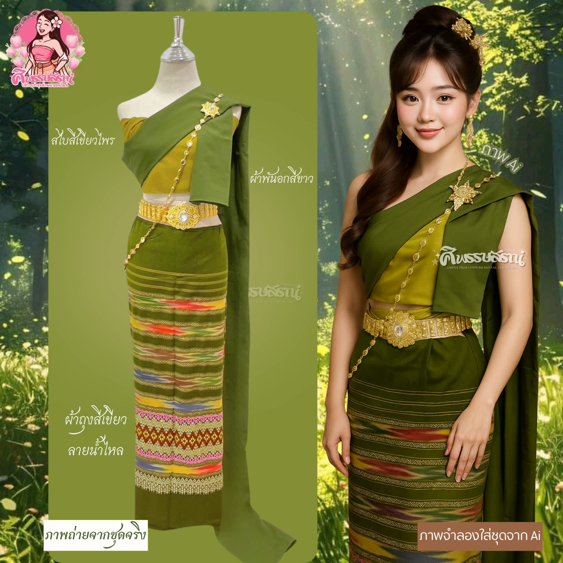 เช่าชุดล้านนาสีเขียวไพร ชุดไทยล้านนาประยุกต์ สำหรับงานแต่งงานเช้า เชียงใหม่