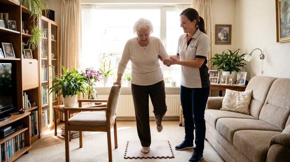 Coach d'activité physique adaptée accompagnant un senior à domicile, en lien avec « Exercices d'équilibre pour senior : prévenir les chutes »