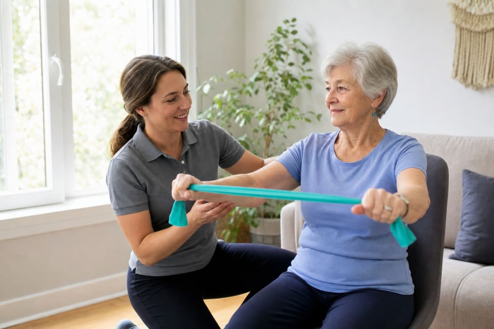 Coach d'activité physique adaptée guidant une senior lors d'un exercice doux avec élastique dans son salon