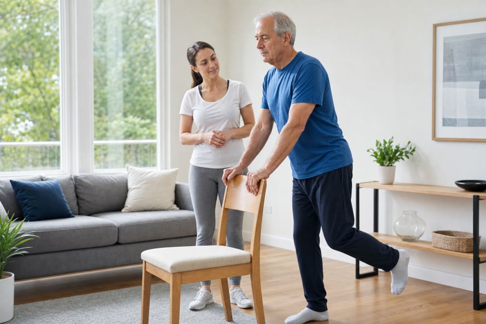 Homme de 68 ans faisant un exercice d'équilibre debout dans son salon, soutenu par le dossier d'une chaise, accompagné d'une enseignante APA