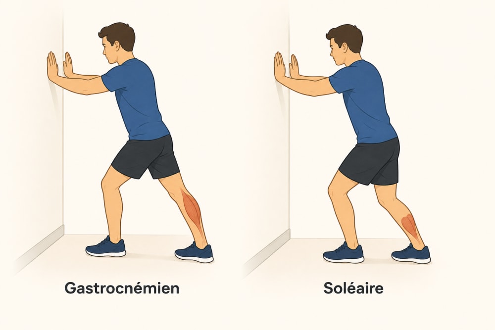 Schéma illustrant deux étirements préventifs du mollet : étirement du gastrocnémien jambe tendue et du soléaire genou fléchi
