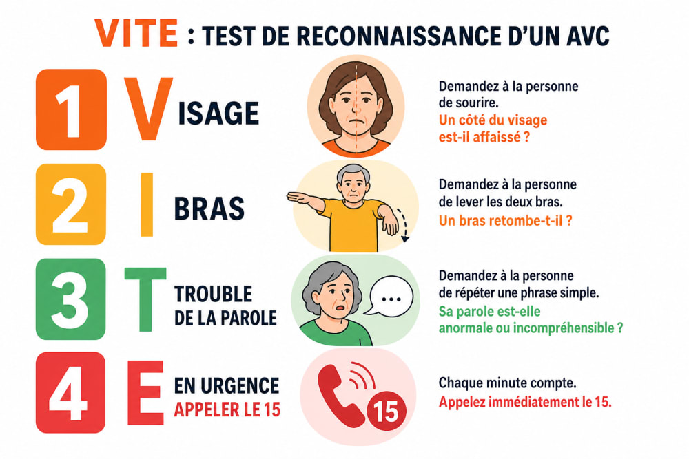 Infographie du test VITE en 4 étapes pour reconnaître un AVC ou un AIT : Visage, bras, Trouble de la parole, En urgence appeler le 15