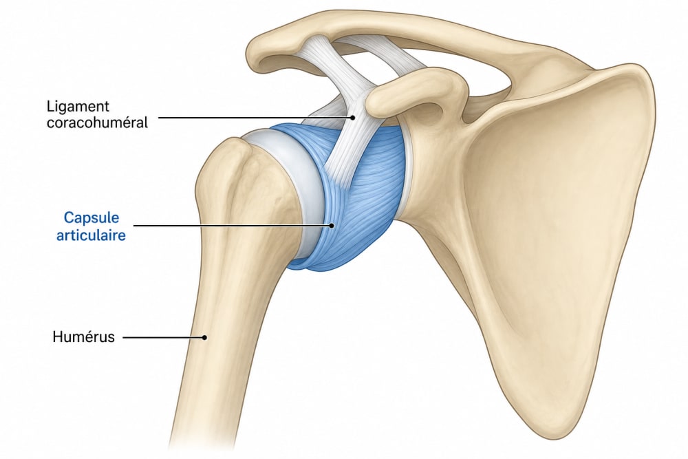 Schéma anatomique de l'épaule montrant la capsule articulaire et les principaux ligaments impliqués dans la capsulite rétractile