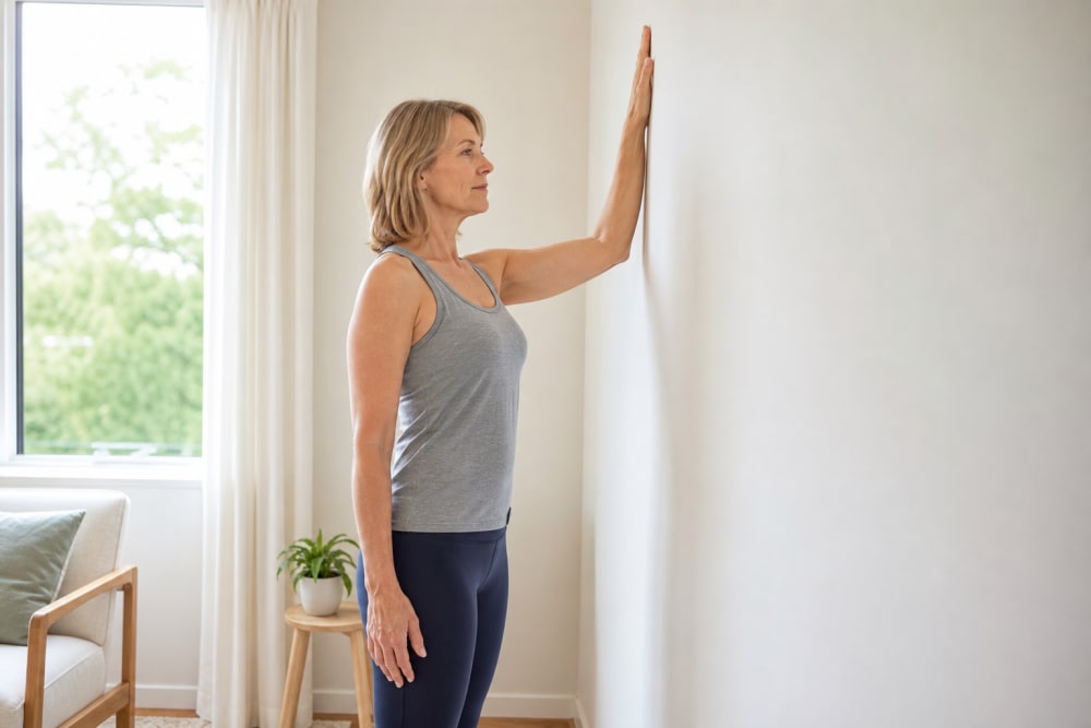 Une personne dans la cinquantaine effectue un exercice de glissement de la main contre le mur pour soulager la capsulite rétractile
