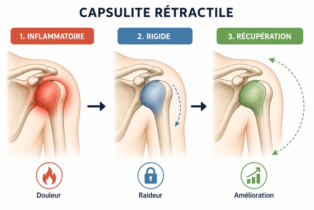Schéma illustrant les trois phases de la capsulite rétractile : phase douloureuse, phase gelée et phase de dégel