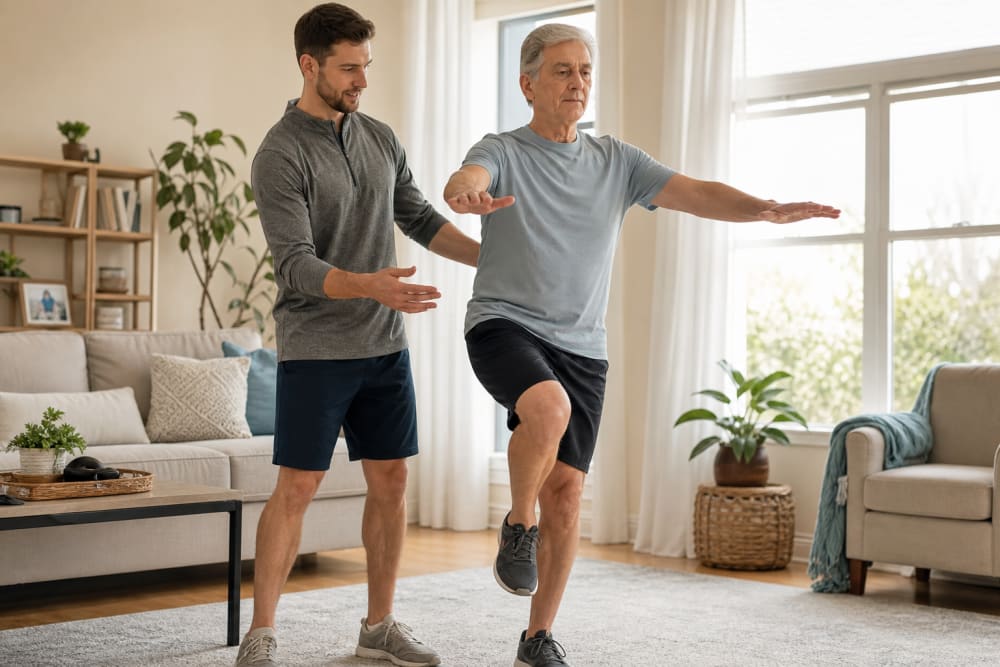 Enseignant APA guidant un homme de 70 ans dans un exercice d'équilibre sur une jambe dans son salon