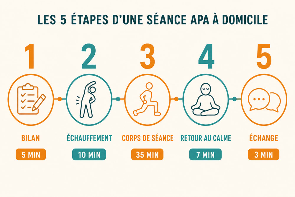 Infographie des 5 étapes d'une séance APA à domicile : bilan rapide, échauffement, corps de séance, retour au calme et échange de conseils
