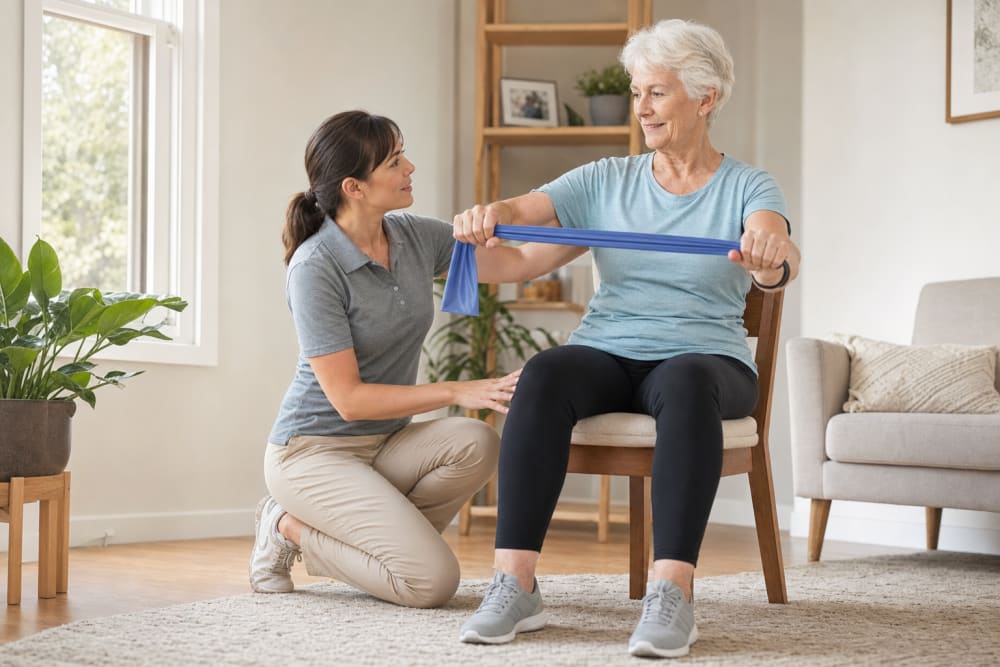 Enseignante APA accompagnant une femme de 67 ans dans un exercice de mobilité avec élastique dans son salon