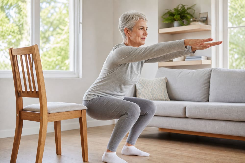Une femme de 62 ans fait un squat doux avec appui sur une chaise dans son salon ensoleillé lors d'une séance de reprise sportive