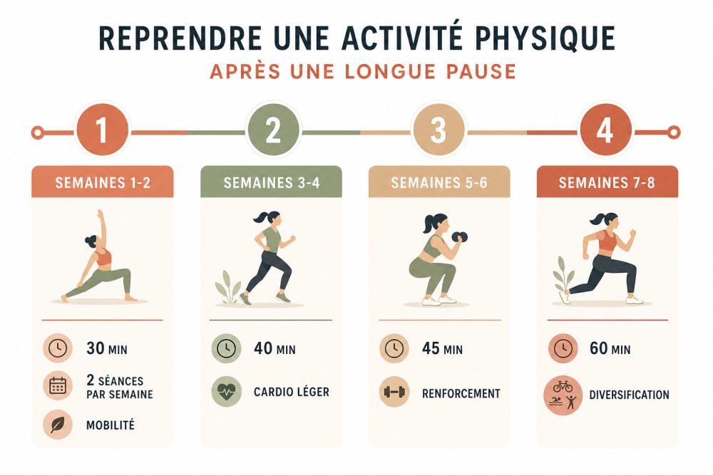 Infographie montrant la progression type sur 8 semaines lors d'une reprise sportive après une longue période d'inactivité