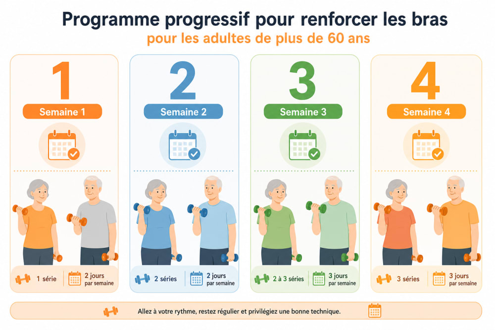 Programme de renforcement des bras sur 4 semaines : progression de la charge et du volume de séries