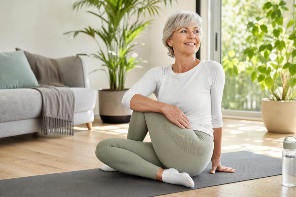Femme d'une soixantaine d'années s'étirant après une séance de sport santé à domicile, l'air détendue et en forme