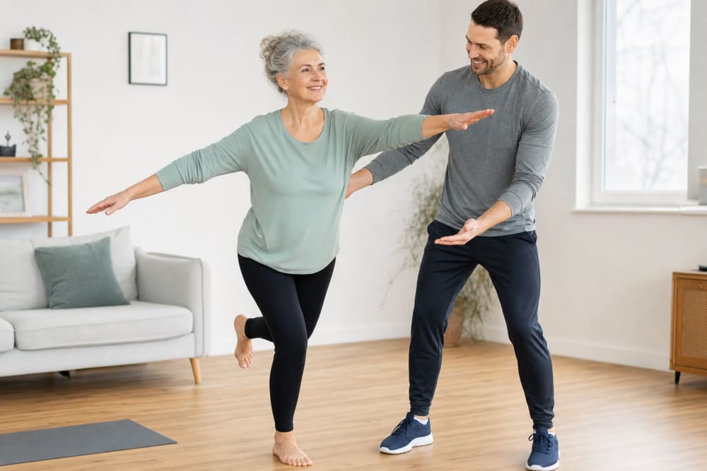 Femme de 60 ans faisant un exercice doux chez elle, accompagnée par un coach sportif à domicile souriant