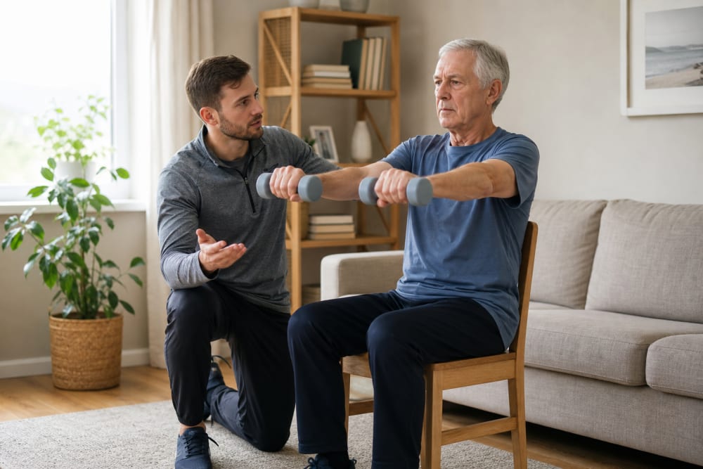 Enseignant APA guidant un homme de 66 ans dans un exercice de renforcement musculaire à domicile, dans un salon lumineux