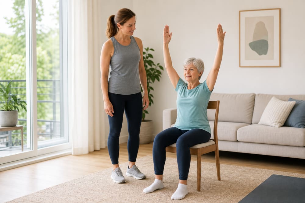 Un groupe de trois adultes d'une soixantaine d'années fait des exercices de gym sur chaise dans une salle lumineuse, encadrés par un enseignant