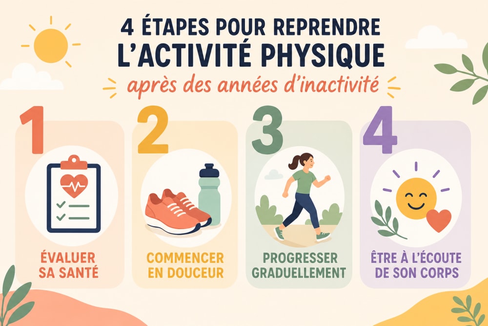 Infographie en 4 étapes illustrant la progression pour reprendre une activité physique après des années d'arrêt