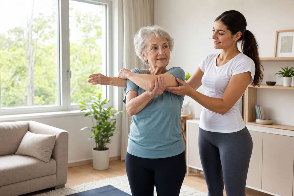 Une femme d'une soixantaine d'années fait des exercices de gym douce dans son salon, accompagnée d'une coach sportive professionnelle