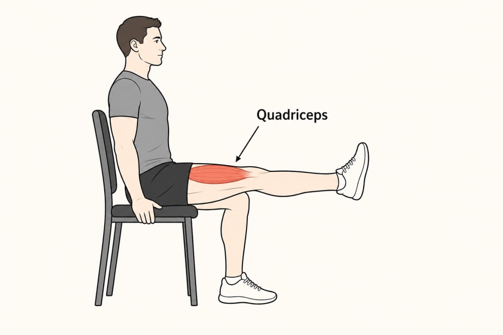 Schéma illustrant l'exercice d'extension de genou en position assise sur une chaise, avec indication du quadriceps