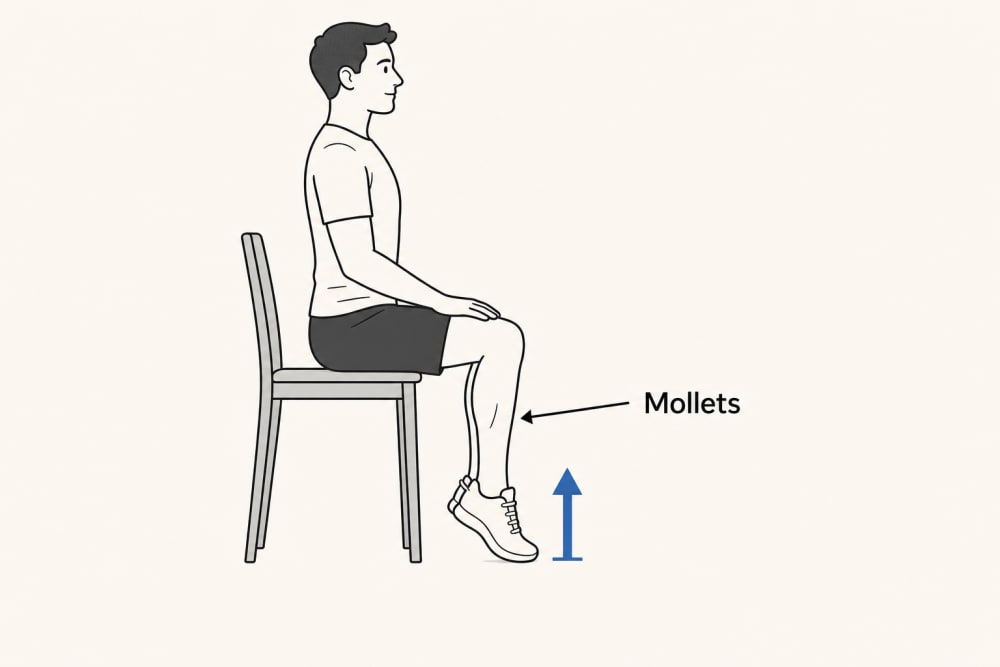 Infographie récapitulant les 12 exercices de gym sur chaise en position assise, organisés en grille avec silhouettes et noms