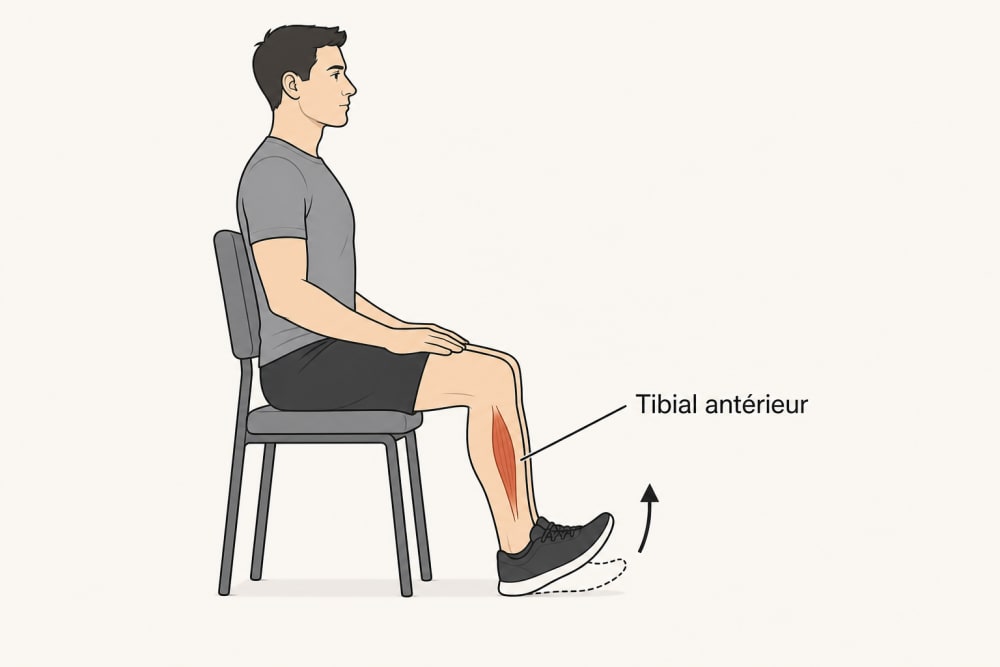 Schéma du relevé de pointe de pied en position assise : orteils levés vers le haut, tibial antérieur sollicité